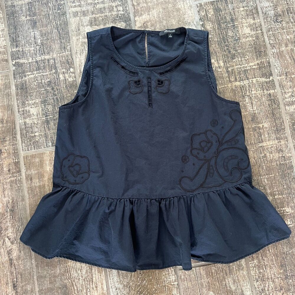 Black Peplum Sleeveless Top Floral Embroidery Madewell Womens Small